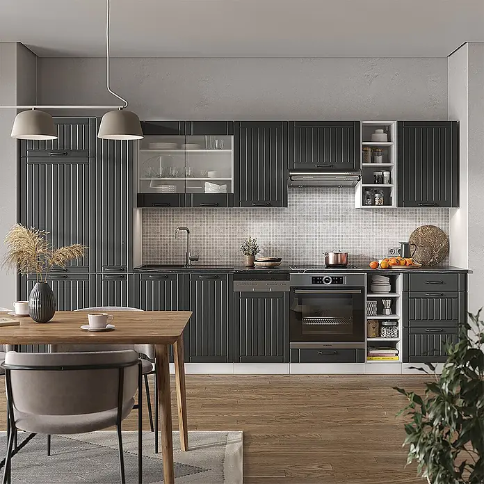 Vicco Küchenzeile Fame-Line Anthrazit Landhaus/Weiß mit Hochschrank, ohne Arbeitsplatte - Breite: 355 cm, Dunkelgrau, Ohne Elektrogeräte - Moderne dunkelgraue Küchenschränke mit Rillenmuster in einer Küche mit Geräten und Essbereich.