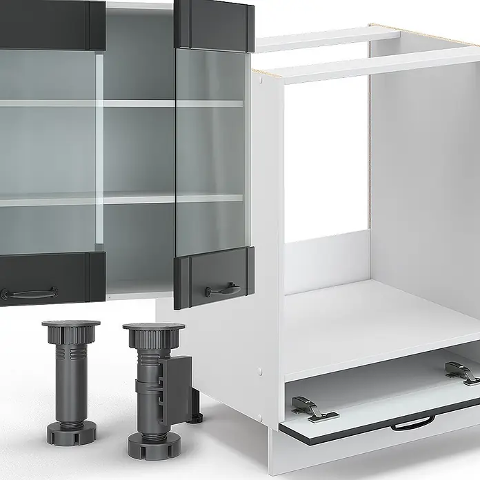 Vicco Küchenzeile Fame-Line Anthrazit Landhaus/Weiß mit Hochschrank, ohne Arbeitsplatte - Breite: 355 cm, Dunkelgrau, Ohne Elektrogeräte - Weiße modulare Küchenschrankteile: Rahmen, dunkelgraue Glastüren, Griffe, verstellbare Füße und ein Auszugsboden.