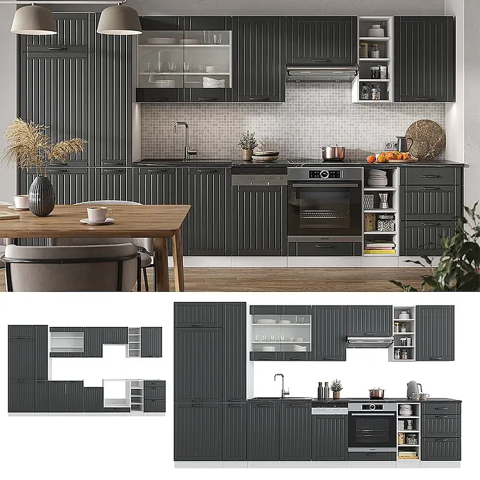Vicco Küchenzeile Fame-Line Anthrazit Landhaus/Weiß mit Hochschrank, ohne Arbeitsplatte - Breite: 355 cm, Dunkelgrau, Ohne Elektrogeräte - Dunkelgraue Lamellenküchenschränke mit Spüle, integriertem Ofen und Geschirrspüler.
