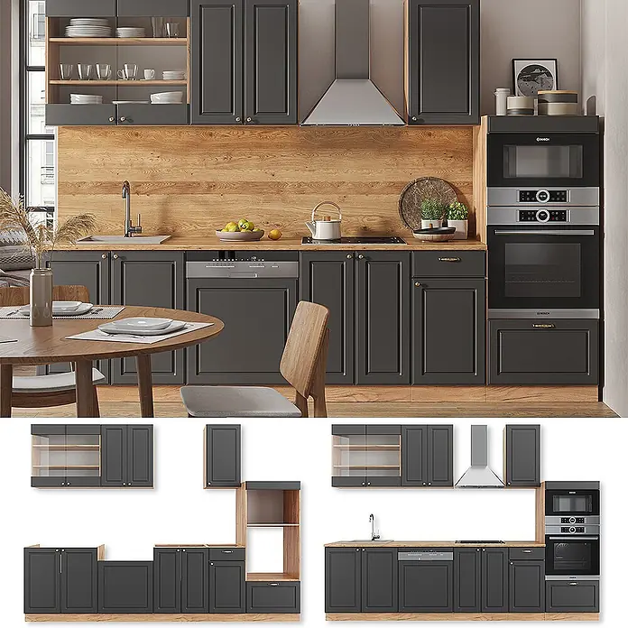 Vicco Küchenzeile Fame-Line Anthrazit Landhaus/Goldkraft Eiche mit Hochschrank, AP Eiche - Breite: 300 cm, Anthrazit Landhaus, Ohne Elektrogeräte - Dunkelgraues modulares Küchensystem mit Arbeitsplatten und Rückwand aus Holz, als komplettes Set und Einzelteile dargestellt.