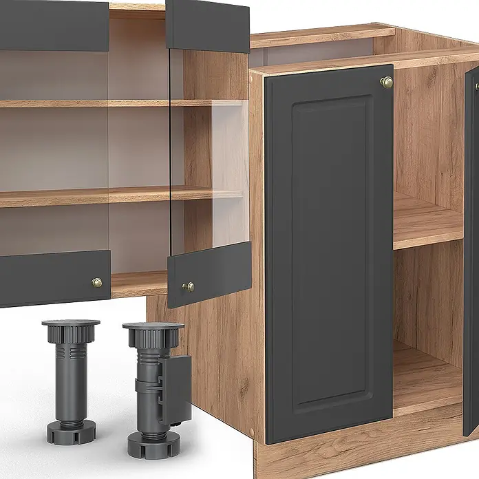 Vicco Küchenzeile Fame-Line Anthrazit Landhaus/Goldkraft Eiche mit Hochschrank, AP Eiche - Breite: 300 cm, Anthrazit Landhaus, Ohne Elektrogeräte - Modulare Küchenschrankelemente: Hängeschrank mit Glastüren, Unterschrank mit dunkelgrauer Tür, zwei verstellbare Beine. Holzoptik und dunkelgraues Finish.