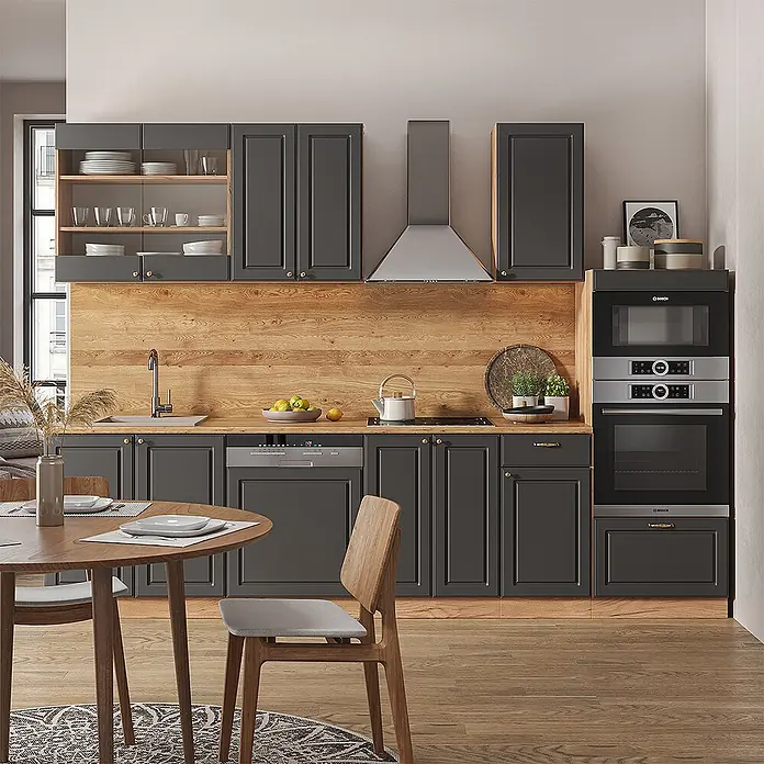 Vicco Küchenzeile Fame-Line Anthrazit Landhaus/Goldkraft Eiche mit Hochschrank, AP Eiche - Breite: 300 cm, Anthrazit Landhaus, Ohne Elektrogeräte - Moderne Küche mit dunkelgrauen Schrankfronten im Shaker-Stil, Arbeitsplatte und Rückwand aus Naturholz und integrierten Edelstahlgeräten.
