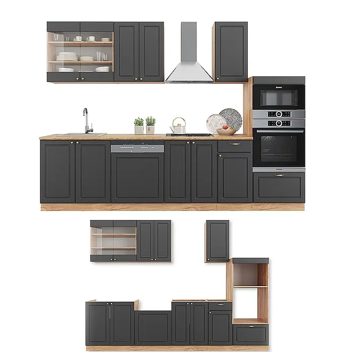 Vicco Küchenzeile Fame-Line Anthrazit Landhaus/Goldkraft Eiche mit Hochschrank, AP Eiche - Breite: 300 cm, Anthrazit Landhaus, Ohne Elektrogeräte - Modulare dunkelgraue Küche mit Holzdetails und Geräten. Zeigt montierte und unmontierte Schrankmodule.