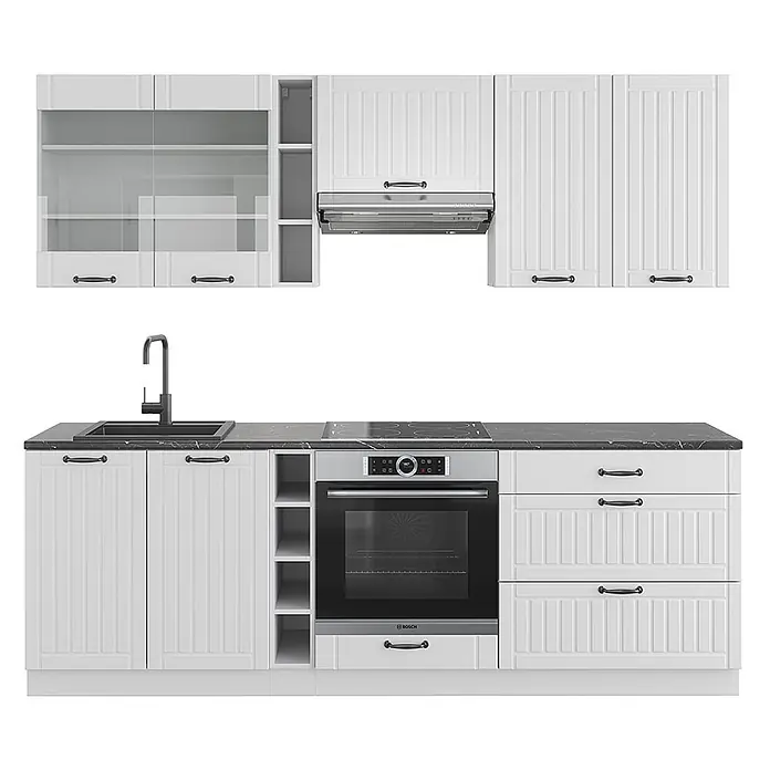 Vicco Küchenzeile Fame-Line Weiß Landhaus/Weiß, AP Anthrazit - Breite: 235 cm, Weiß Landhaus, Ohne Elektrogeräte - Weiße Küchenmöbel mit schwarzen Griffen und Marmor-Arbeitsplatte, inklusive Hängeschränken, Spüle, Induktionskochfeld und Backofen.