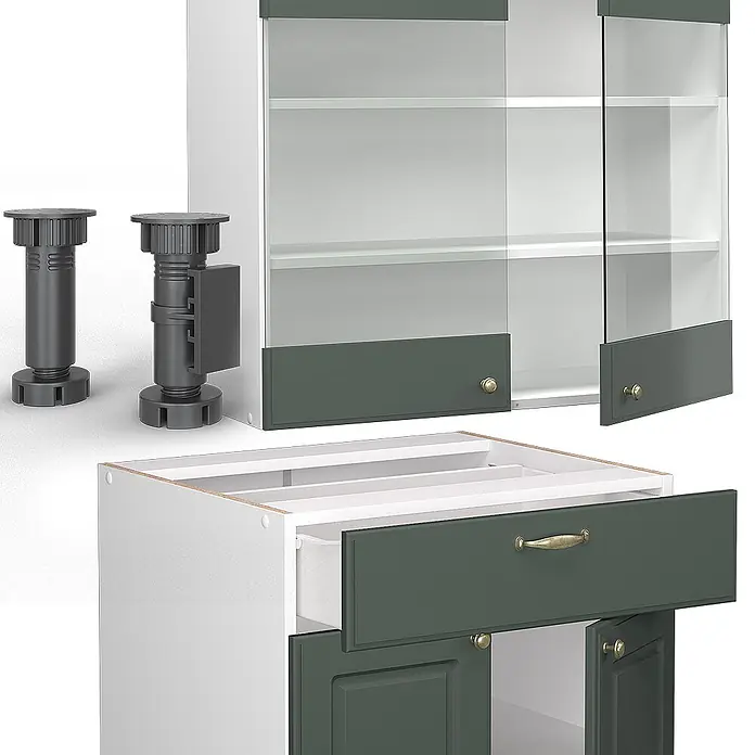 Vicco Küchenzeile Fame-Line, Grün-Gold Landhaus/Weiß, 235 cm -  - Weiße Küchenschränke mit dunkelgrünen Fronten und verstellbaren Stützfüßen. Obere Schränke mit Glastüren, Unterschrank mit Schublade und Türen.
