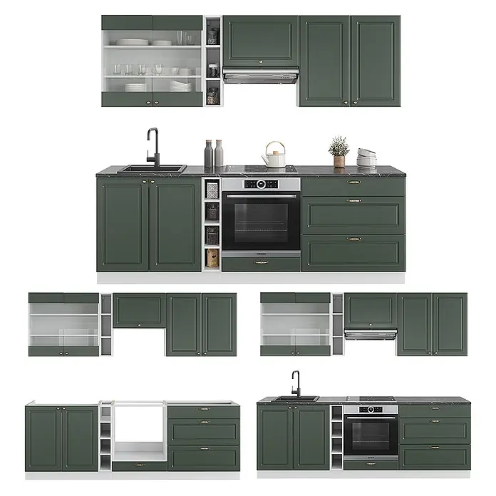 Vicco Küchenzeile Fame-Line, Grün-Gold Landhaus/Weiß, 235 cm -  - Modulares dunkelgrünes Küchensystem mit schwarzer Arbeitsplatte und integrierten Geräten.
