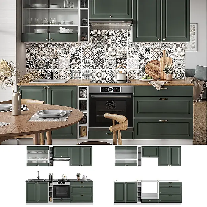 Vicco Küchenzeile Fame-Line, Grün-Gold Landhaus/Weiß, 235 cm -  - Eine dunkelgrüne Modulküche mit Holzplatten und gemusterter Fliesenrückwand, mit Unter- und Oberschränken, integriertem Backofen und Spüle.
