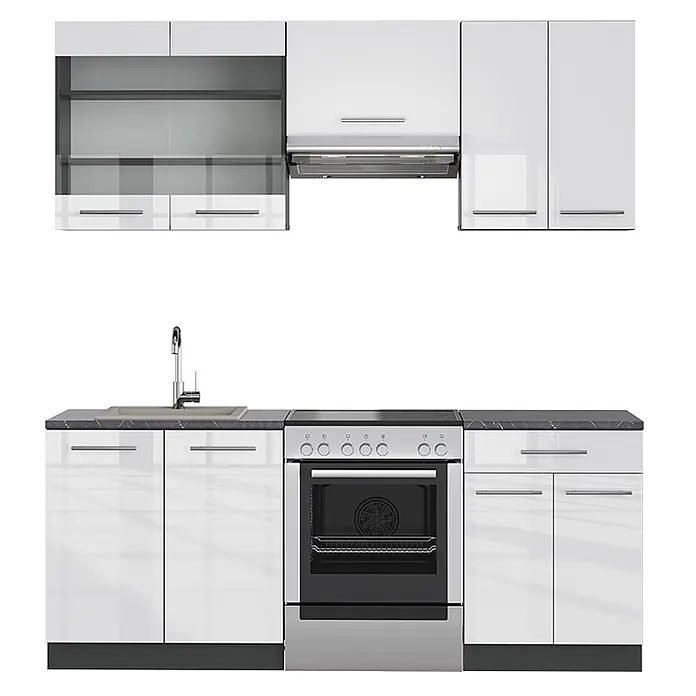 Vicco Küchenzeile Fame-Line Weiß Hochglanz/Anthrazit, AP Anthrazit - Weiß Hochglanz, Ohne Elektrogeräte - Glänzende weiße Küchenzeile mit Spüle, Backofen und Dunstabzugshaube. Mit eleganten Griffen und dunkelgrauen Arbeitsplatten.