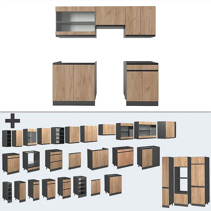 Vicco Küchenzeile R-Line Goldkraft Eiche/Anthrazit J-Shape - Goldkraft Eiche, Ohne Elektrogeräte - Modulares Küchenschranksystem mit hellen Holzfronten und dunkelgrauen Rahmen. Verschiedene Ober-, Unter- und Hochschränke, teils mit Glas.