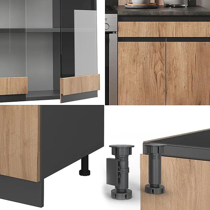 Vicco Küchenzeile R-Line Goldkraft Eiche/Anthrazit J-Shape - Goldkraft Eiche, Ohne Elektrogeräte - Modulare Küchenschrankkomponenten mit Holz- und Dunkelgrau-Oberflächen, Glastüren, Holztüren und verstellbaren Sockelfüßen.