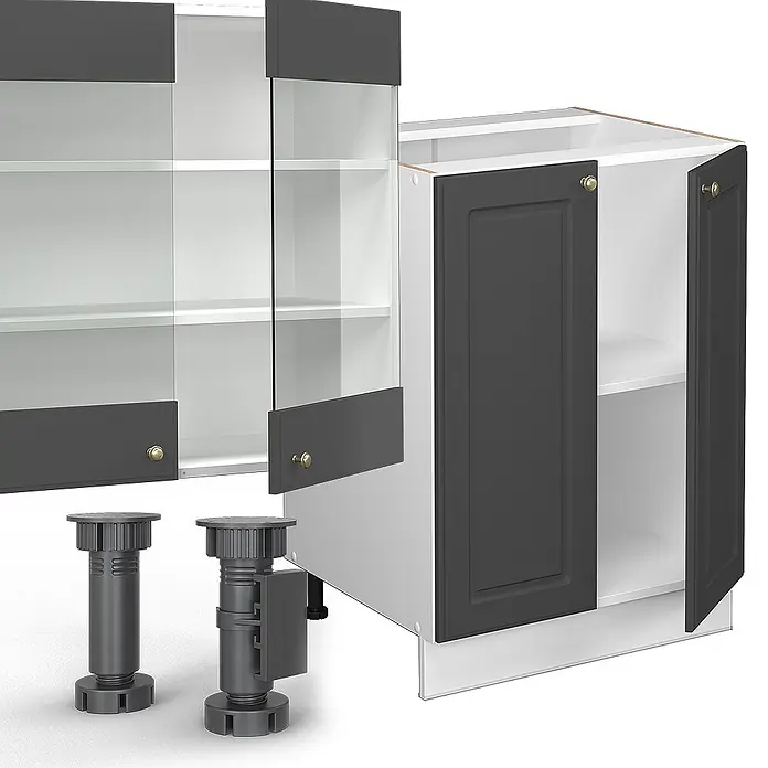 Vicco Küchenzeile Fame-Line Anthrazit-Gold/Weiß mit Hochschrank, AP Marmor - Breite: 300 cm, Anthrazit-Gold, Ohne Elektrogeräte - Dunkelgraue Küchenschränke mit weißem Innenleben und verstellbaren Beinen.