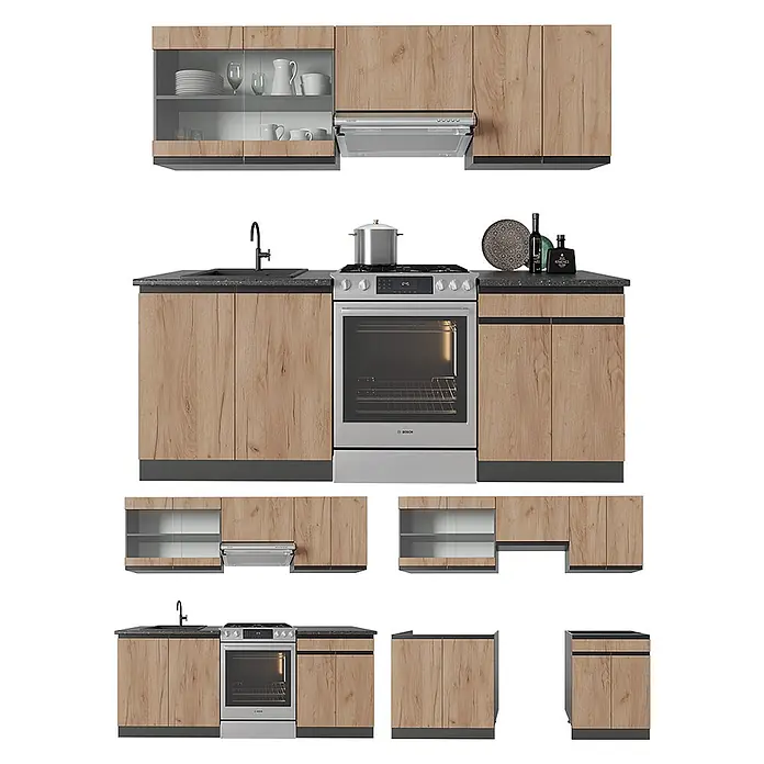 Vicco Küchenzeile R-Line Goldkraft Eiche/Anthrazit J-Shape - Goldkraft Eiche, Ohne Elektrogeräte - Komplette Küchenzeile mit Holzmaserungsschränken, dunkler Arbeitsplatte, Spüle, Herd und Dunstabzugshaube.