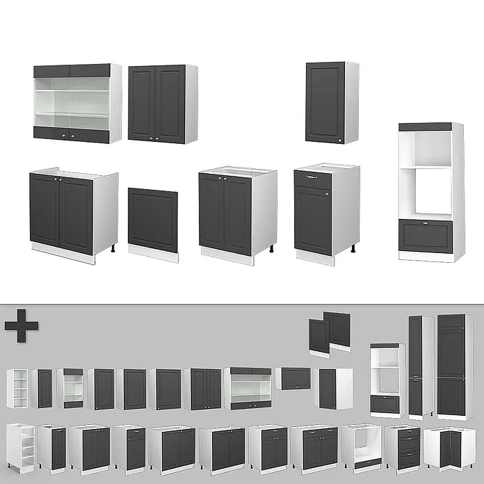 Vicco Küchenzeile Fame-Line Anthrazit-Gold/Weiß mit Hochschrank, AP Marmor - Breite: 300 cm, Anthrazit-Gold, Ohne Elektrogeräte - Eine Kollektion modularer dunkelgrauer Küchenschränke, Ober- und Unterschränke mit Massiv- und Glastüren.