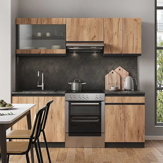 Vicco Küchenzeile R-Line Goldkraft Eiche/Anthrazit J-Shape - Goldkraft Eiche, Ohne Elektrogeräte - Moderne Küche mit Holzdekor-Schränken, dunkler Arbeitsplatte und freistehendem Edelstahlherd.
