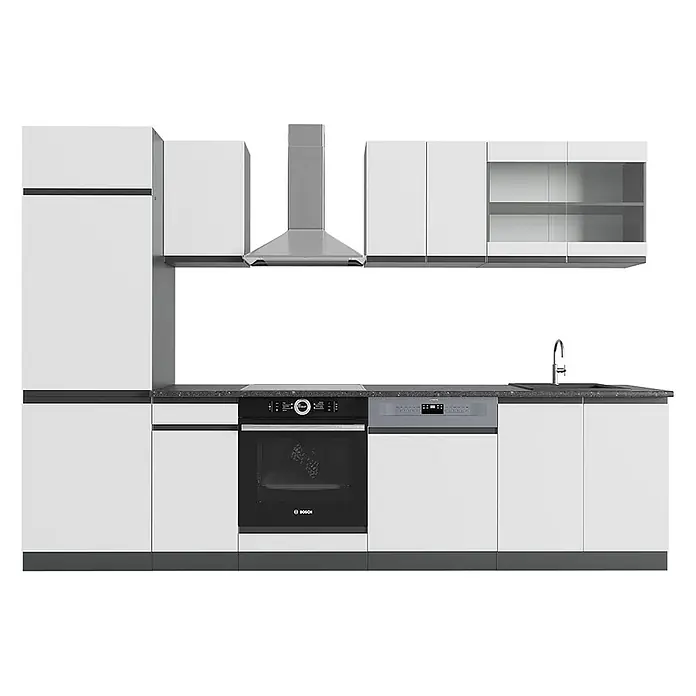 Vicco Küchenzeile R-Line Weiß/Anthrazit J-Shape - Breite: 300 cm, Weiß, Ohne Elektrogeräte - Moderne weiße Modulküche mit dunkler Arbeitsplatte und integrierten Geräten wie Backofen, Geschirrspüler und Kühlschrank.