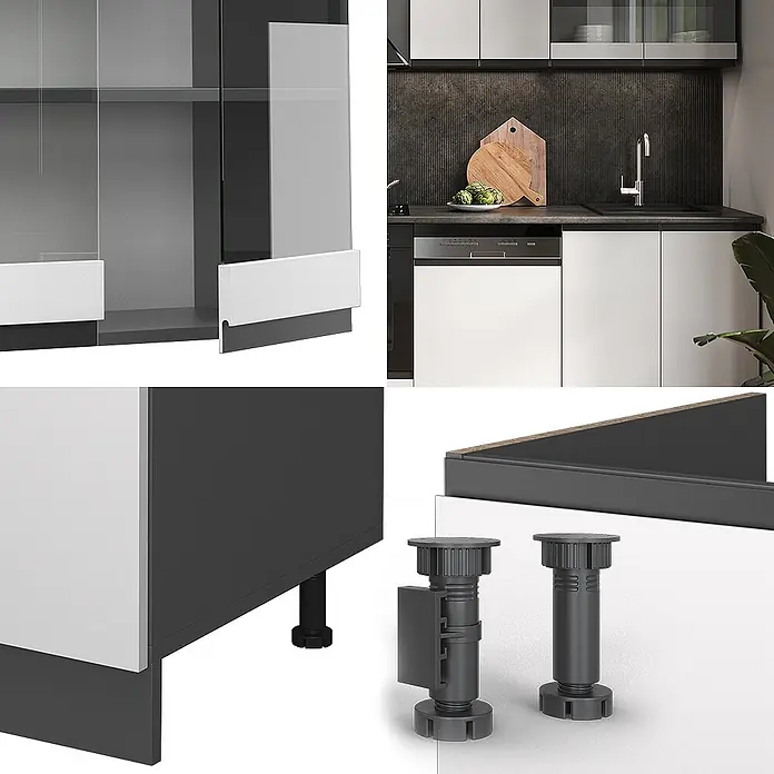Vicco Küchenzeile R-Line Weiß/Anthrazit J-Shape, AP Eiche - Breite: 300 cm, Weiß, Ohne Elektrogeräte - Modulare Küchenschrankelemente: dunkelgrauer Korpus, weiße Türen, Glasfronten, integrierte Griffe, verstellbare Füße und Sockelleisten.