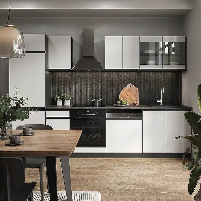 Vicco Küchenzeile R-Line Weiß/Anthrazit J-Shape, AP Eiche - Breite: 300 cm, Weiß, Ohne Elektrogeräte - Elegante, moderne Küche mit weißen und grauen Schränken, schwarzer Arbeitsplatte und integrierten Geräten.