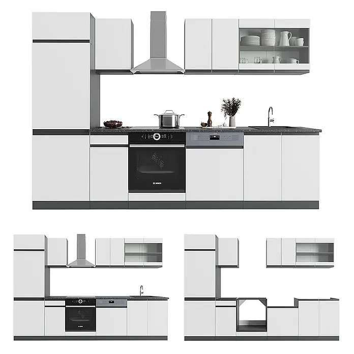 Vicco Küchenzeile R-Line Weiß/Anthrazit J-Shape, AP Eiche - Breite: 300 cm, Weiß, Ohne Elektrogeräte - Moderne weiße Küche mit integriertem Backofen, Geschirrspüler, Kühlschrank und Oberschränken.