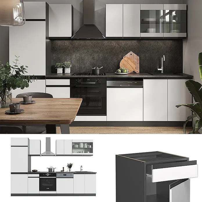 Vicco Küchenzeile R-Line Weiß/Anthrazit J-Shape, AP Eiche - Breite: 300 cm, Weiß, Ohne Elektrogeräte - Moderne Küche mit weißen und dunkelgrauen Schränken, schwarzer Arbeitsplatte und integrierten Geräten.