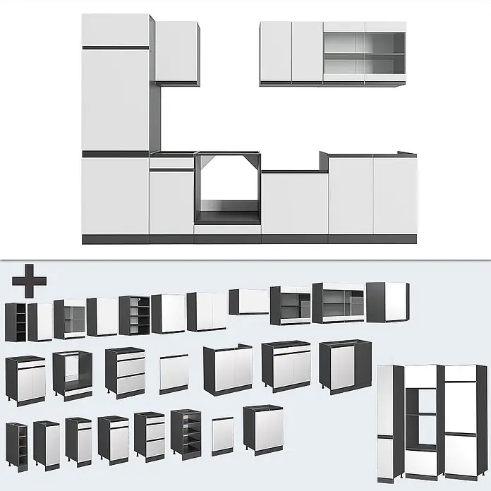 Vicco Küchenzeile R-Line Weiß/Anthrazit J-Shape, AP Eiche - Breite: 300 cm, Weiß, Ohne Elektrogeräte - Modulares Küchenschrank-Set in Weiß und Dunkelgrau, mit verschiedenen Ober-, Unter- und Hochschränken, teils mit Glasfronten.