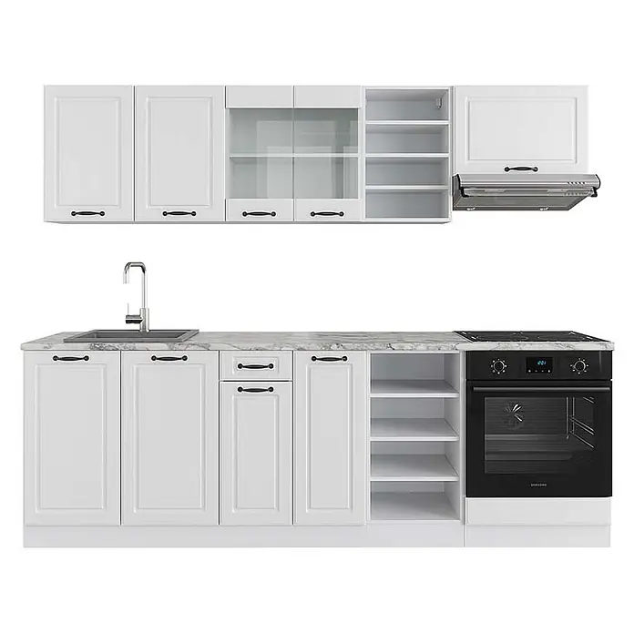 Vicco Küchenzeile R-Line Weiß Landhaus/Weiß ohne Arbeitsplatte - Breite: 240 cm, Weiß Landhaus, Ohne Elektrogeräte - Weiße Küchenschränke mit Marmor-Arbeitsplatte, integrierter Spüle, Backofen, Kochfeld und Dunstabzugshaube.