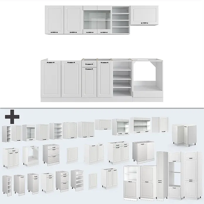 Vicco Küchenzeile R-Line Weiß Landhaus/Weiß, AP Anthrazit - Weiß Landhaus, Ohne Elektrogeräte - Weiße Küchenschränke: Unter-, Ober- und Hochschränke, teils mit Glastüren, Schubladen oder offenen Regalen.
