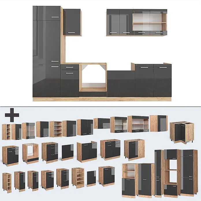 Vicco Küchenzeile R-Line Anthrazit Hochglanz/Goldkraft Eiche ohne Arbeitsplatte - Anthrazit Hochglanz, Ohne Elektrogeräte - Modulares Küchenschrank-Set in Hochglanz-Dunkelgrau mit heller Holzoptik.