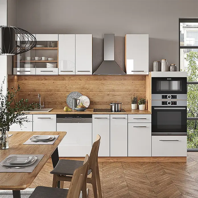 Vicco Küchenzeile Fame-Line Weiß Hochglanz Eiche mit Hochschrank, ohne Arbeitsplatte - Weiß Hochglanz, Ohne Elektrogeräte - Moderne Küche mit weißen Hochglanzschränken, Holz-Arbeitsplatte, Holzrückwand, integrierten Geräten und Esstisch.