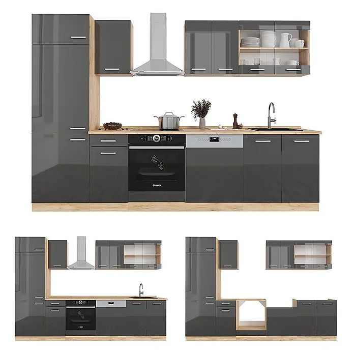 Vicco Küchenzeile R-Line Anthrazit Hochglanz/Goldkraft Eiche, AP Anthrazit - Breite: 300 cm, Anthrazit Hochglanz, Ohne Elektrogeräte - Moderne, glänzende graue Küche mit hellen Holzdetails, integrierten Geräten, Spüle und verschiedenen Konfigurationen.