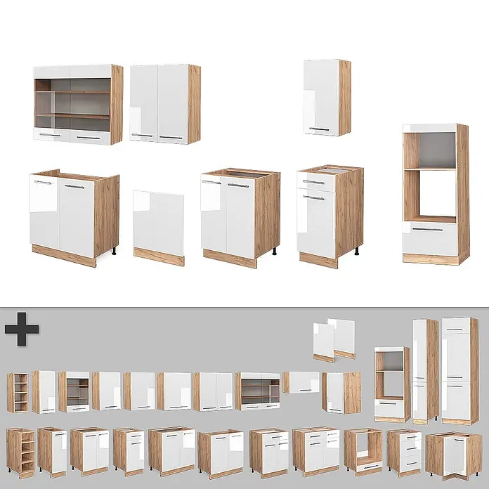 Vicco Küchenzeile Fame-Line Weiß Hochglanz/Goldkraft Eiche mit Hochschrank, AP Anthrazit - Breite: 300 cm, Weiß Hochglanz, Ohne Elektrogeräte - Modulare Küchenschränke mit hochglänzenden weißen Fronten und hellem Holzdekor, darunter verschiedene Unter-, Ober- und Hochschränke.