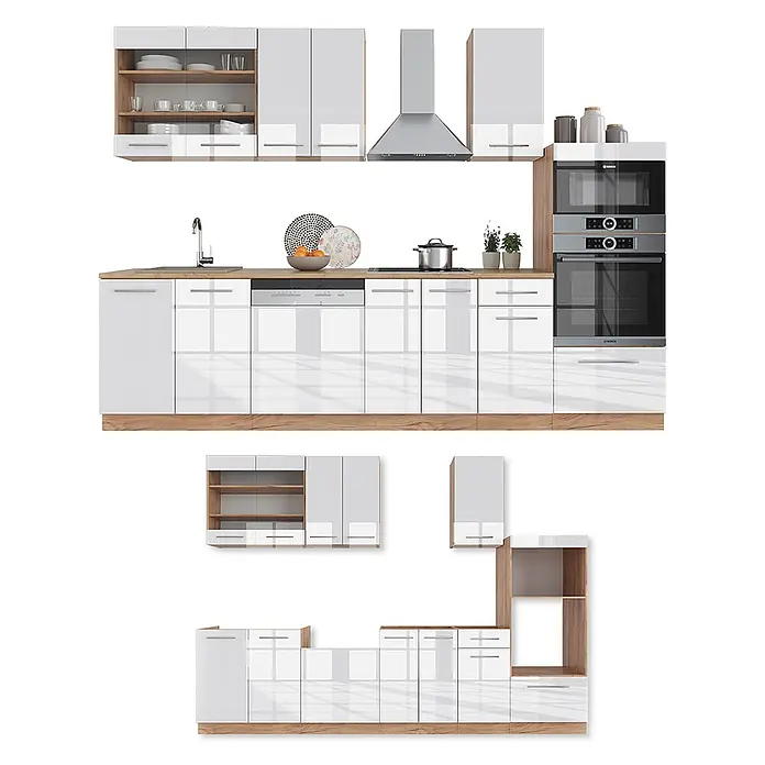 Vicco Küchenzeile Fame-Line Weiß Hochglanz Eiche mit Hochschrank, ohne Arbeitsplatte - Weiß Hochglanz, Ohne Elektrogeräte - Moderne Modulküche mit weißen Hochglanzfronten, Holzdetails und integrierten Geräten wie Backofen, Kochfeld und Spüle.