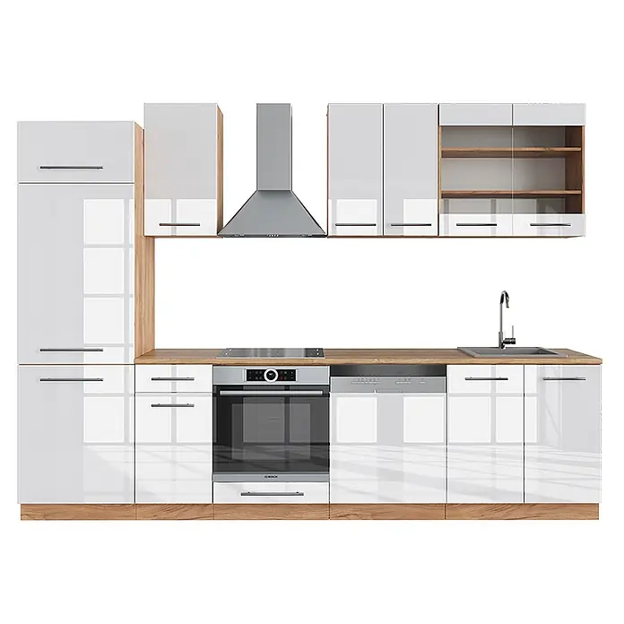 Vicco Küchenzeile Fame-Line Weiß Hochglanz/Goldkraft Eiche, AP Eiche - Breite: 300 cm, Weiß Hochglanz, Ohne Elektrogeräte - Moderne Hochglanz-Einbauküche in Weiß mit hellen Holzdetails, integriertem Backofen, Kochfeld, Geschirrspüler, Spüle und Dunstabzugshaube.