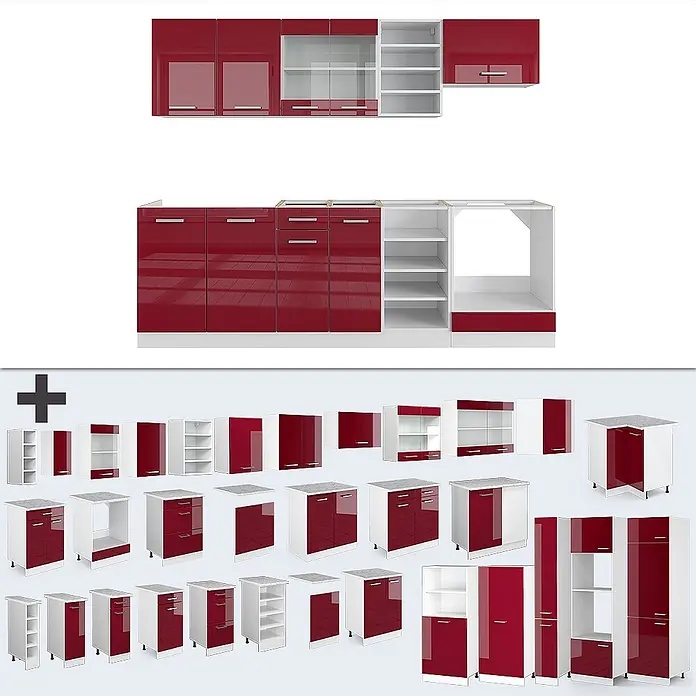 Vicco Küchenzeile R-Line Rot Hochglanz/Weiß, AP Marmor - Rot Hochglanz, Ohne Elektrogeräte - Modulares Küchenschrank-Set in Hochglanz Rot und Weiß, mit verschiedenen Ober-, Unter- und Hochschränken.