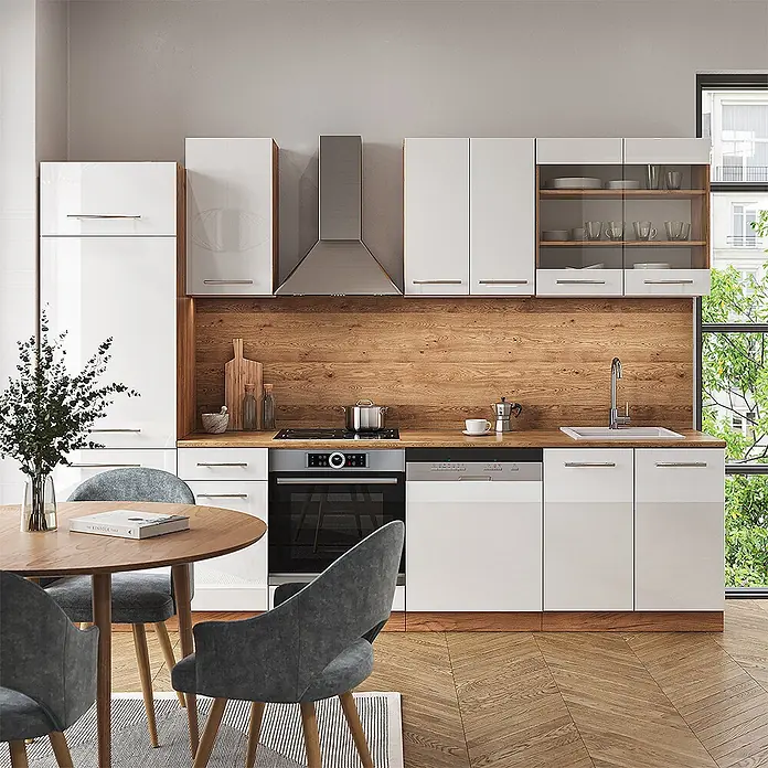 Vicco Küchenzeile Fame-Line Weiß Hochglanz/Goldkraft Eiche, AP Marmor - Weiß Hochglanz, Ohne Elektrogeräte - Moderne Küche mit weißen Hochglanzschränken, integrierten Geräten und warmer Arbeitsplatte und Spritzschutz aus Holz.