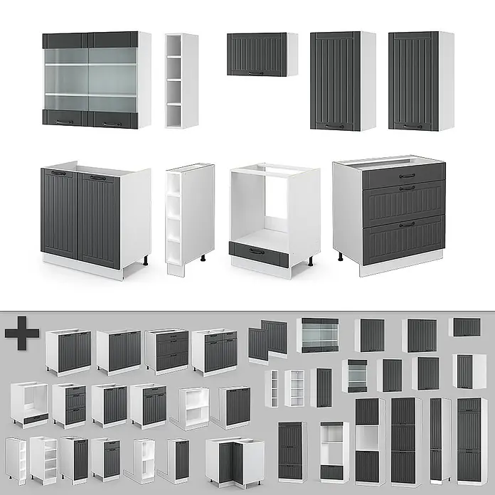 Vicco Küchenzeile Fame-Line Anthrazit Landhaus/Weiß, AP Eiche - Breite: 235 cm, Anthrazit Landhaus, Ohne Elektrogeräte - Modulare Küchenschrankelemente in Dunkelgrau und Weiß, mit Wand- und Unterschränken, Schubladen und offenen Regalen.