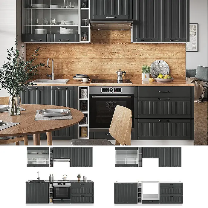 Vicco Küchenzeile Fame-Line Anthrazit Landhaus/Weiß, AP Eiche - Breite: 235 cm, Anthrazit Landhaus, Ohne Elektrogeräte - Dunkelgraue Küche mit gerillten Schranktüren, Holz-Arbeitsplatte, integrierten Geräten und offenen Regalen.