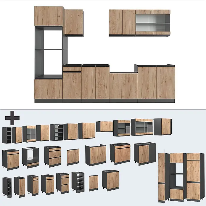 Vicco Küchenzeile R-Line Goldkraft Eiche J-Shape, mit Hochschrank, ohne Arbeitsplatte - Goldkraft Eiche, Ohne Elektrogeräte - Modulares Küchensystem mit hellen Holzoptik- und dunkelgrauen Schränken, bestehend aus Unter-, Ober-, Hoch- und offenen Regalelementen.