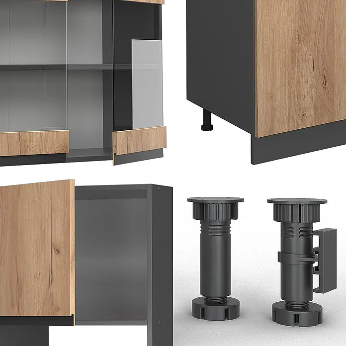 Vicco Küchenzeile R-Line Goldkraft Eiche J-Shape, mit Hochschrank, ohne Arbeitsplatte - Goldkraft Eiche, Ohne Elektrogeräte - Dunkelgrauer Schrank mit Holzoptik-Akzenten, Glastüren und schwarzen verstellbaren Möbelfüßen.