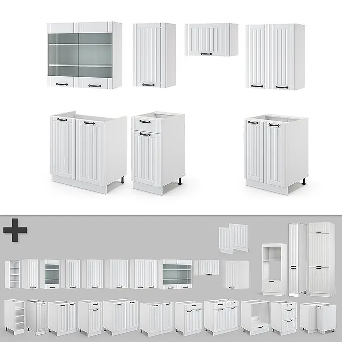 Vicco Küchenzeile Fame-Line Weiß Landhaus/Weiß, AP Marmor - Breite: 240 cm, Weiß Landhaus, Ohne Elektrogeräte - Set weißer modularer Küchenschränke und -module, inklusive Ober-, Unter- und Hochschränke, teils mit Glastüren, teils mit Massivfronten.
