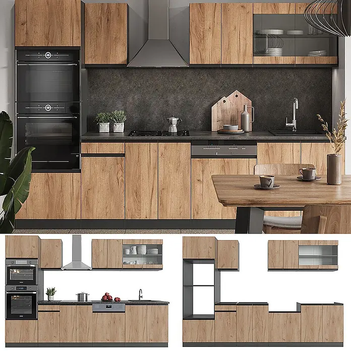 Vicco Küchenzeile R-Line Goldkraft Eiche J-Shape, mit Hochschrank, ohne Arbeitsplatte - Goldkraft Eiche, Ohne Elektrogeräte - Moderne Küche mit hellen Holzfronten, dunklen Arbeitsplatten und Einbaugeräten, zum Kochen und Essen.