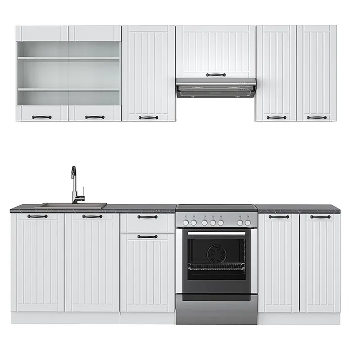 Vicco Küchenzeile Fame-Line Weiß Landhaus/Weiß ohne Arbeitsplatte - Weiß Landhaus, Ohne Elektrogeräte - Weiße Küchenzeile mit Ober- und Unterschränken, Spüle und Backofen, dunkler Arbeitsplatte und schwarzen Griffen.