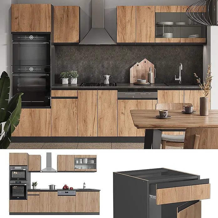 Vicco Küchenzeile R-Line Goldkraft Eiche J-Shape, mit Hochschrank, ohne Arbeitsplatte - Goldkraft Eiche, Ohne Elektrogeräte - Moderne Küche mit Holzoptik-Fronten und dunkelgrauen Akzenten, inklusive integrierten Öfen, Kochfeld, Spüle und Geschirrspüler.