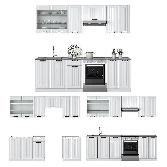 Vicco Küchenzeile Fame-Line Weiß Landhaus/Weiß ohne Arbeitsplatte - Weiß Landhaus, Ohne Elektrogeräte - Modulares weißes Küchensystem mit gerillten Schränken, schwarzen Griffen, Spüle und Herd. Verschiedene Konfigurationen.