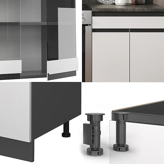 Vicco Küchenzeile R-Line Weiß/Anthrazit J-Shape, AP Eiche - Breite: 200 cm, Weiß, Ohne Elektrogeräte - Modulares Küchenschranksystem mit dunkelgrauen und weißen Oberflächen, Glastüren und verstellbaren Sockelfüßen.