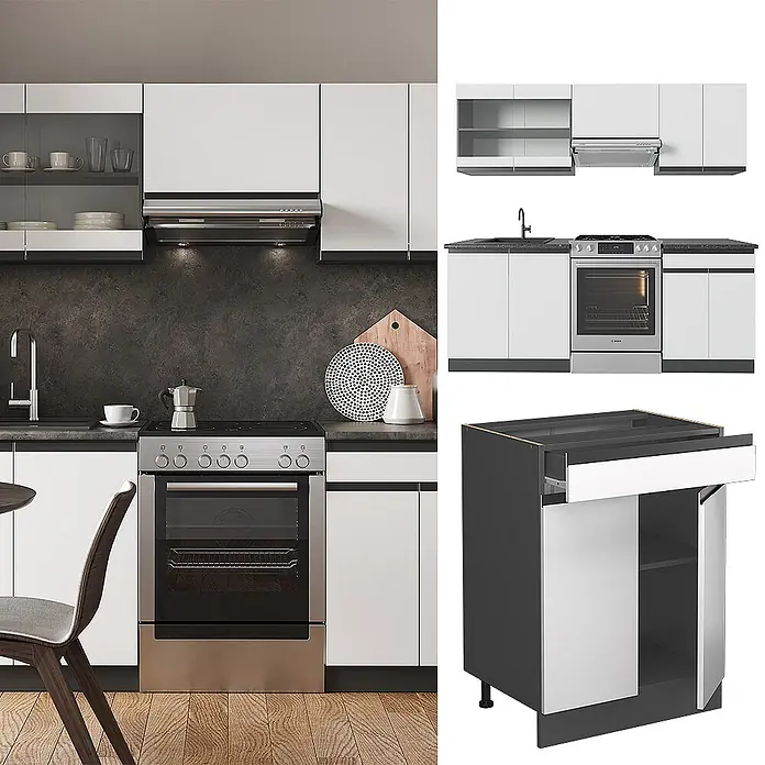 Vicco Küchenzeile R-Line Weiß/Anthrazit J-Shape, AP Eiche - Breite: 200 cm, Weiß, Ohne Elektrogeräte - Moderne Küche mit weißen und dunkelgrauen Schränken, einem Edelstahlofen und Spülbecken. Zeigt auch einzelne Modulkomponenten.