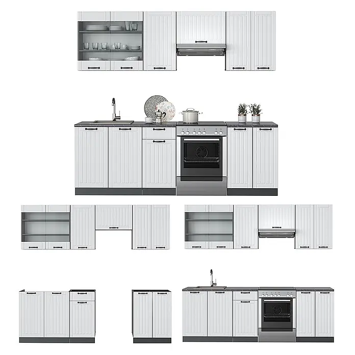 Vicco Küchenzeile Fame-Line Weiß Landhaus/Anthrazit, AP Marmor - Weiß Landhaus, Ohne Elektrogeräte - Modulare weiße Küchenschränke mit dunklen Arbeitsplatten und Griffen. Inklusive Spüle, Ofen und Glastüroptionen für vielseitige Anordnungen.