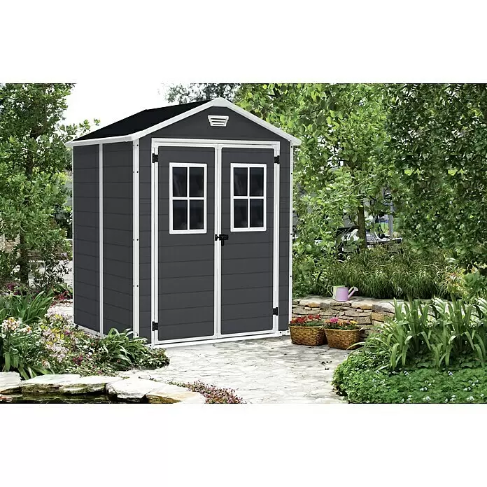 Keter Caseta para jardín Manor 6x5 - Medidas ext. (An x Pr): 185 x 152 cm, Plástico, Antracita/Blanco - Caseta de jardín gris oscuro con ribetes blancos y techo negro, puertas dobles y ventanas, en un jardín.
