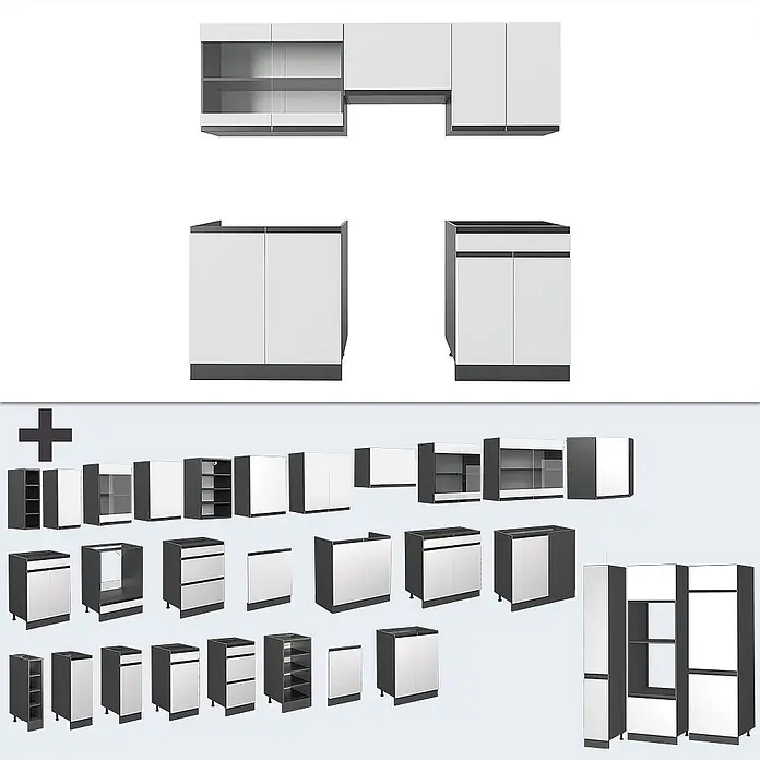 Vicco Küchenzeile R-Line Weiß/Anthrazit J-Shape, AP Eiche - Breite: 200 cm, Weiß, Ohne Elektrogeräte - Modulare Küchenschränke in Weiß und Dunkelgrau. Verschiedene Elemente: Wand-, Unter- und Hochschränke mit Türen, Schubladen und offenen Fächern.