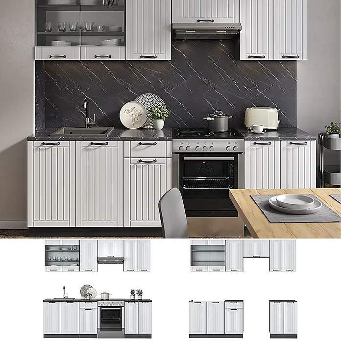 Vicco Küchenzeile Fame-Line Weiß Landhaus/Anthrazit, AP Marmor - Weiß Landhaus, Ohne Elektrogeräte - Weiße, geriffelte Küchenschränke mit schwarzen Griffen und schwarzer Arbeitsplatte, inklusive Spüle, Herd und Oberschränken vor schwarzem Marmor-Spritzschutz.