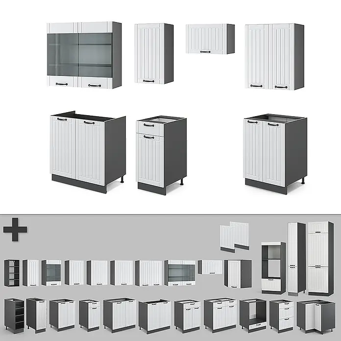 Vicco Küchenzeile Fame-Line Weiß Landhaus/Anthrazit ohne Arbeitsplatte - Breite: 240 cm, Weiß Landhaus, Ohne Elektrogeräte - Modulares Küchenschranksystem mit weißen, gerillten Türen und dunkelgrauen Rahmen, inklusive Ober-, Unter- und Hochschränken.